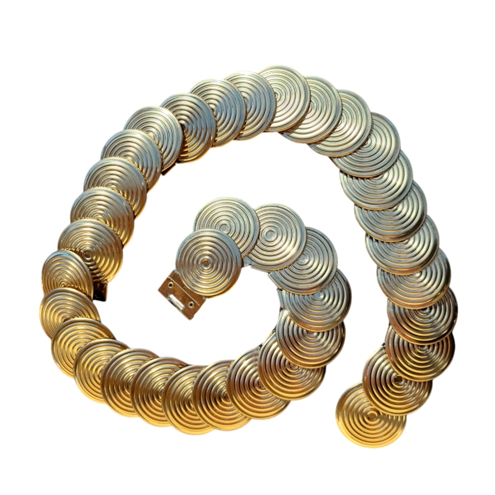 Vintage Gold Tone Disc Stretch Belt | Mod Disco Glam Statement Waist Belt - Picture 6 of 12